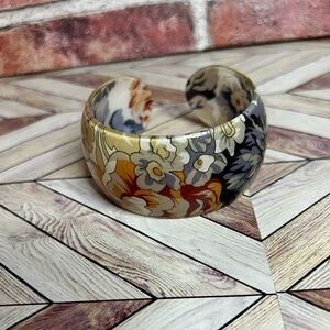 Vintage Lucite Floral Fabric Patterned Cuff Bracelet